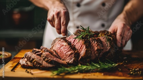Chef in white uniform carving succulent roasted beef garnished with rosemary on wooden board photo