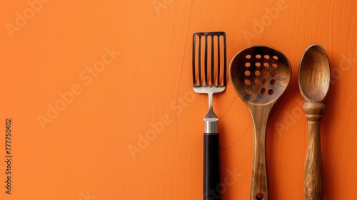 Kitchen utensils including spatula, slotted spoon, and wooden spoon against orange background photo