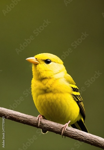 A yellow bird perched on a branch with its beak open. photo