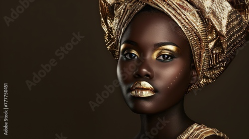 African woman in gold on black background  girl in black dress  Luxury and premium photography for advertising product design  copy space  isolated on golden background