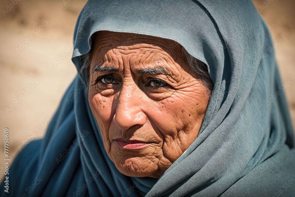 An elderly woman wearing a hijab, looking sad and worried. An elderly woman wearing a hijab, looking sad and worried.