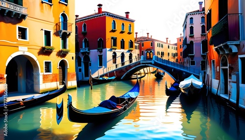 Colorful digital artwork of a Venetian canal with gondolas and traditional buildings reflecting in the water, capturing the essence of Venice, Italy. © Vas