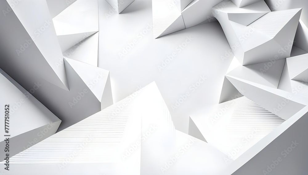 Abstract geometric background of white 3D shapes, featuring pyramids and irregular polygons with a minimalist design, suitable for modern wallpapers or graphic elements.