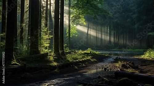 Beautiful rays of sunlight in a green forest © KRIS