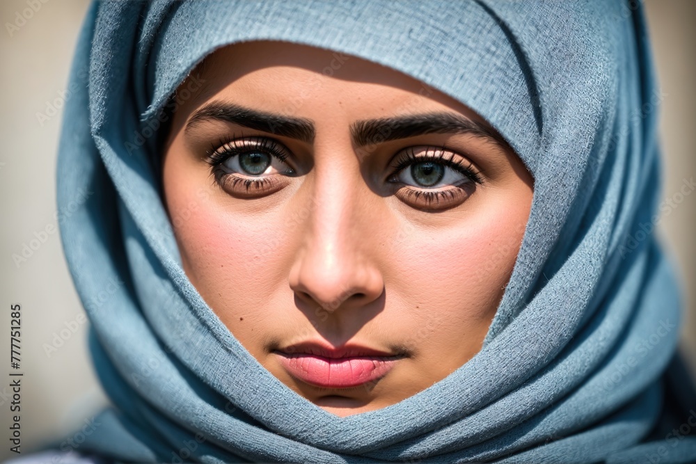 A woman wearing a hijab, a traditional Islamic headscarf, looking directly at the camera with a serious expression on A woman wearing a hijab, a traditional Islamic headscarf, looking directly at the camera with a serious expression on