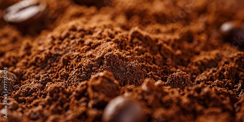 Coffee beans and ground coffee in a rich, textured composition, exuding a tempting aroma that fills the air. Ground coffee with a grainy consistency in an intense and immersive sensorial experience.