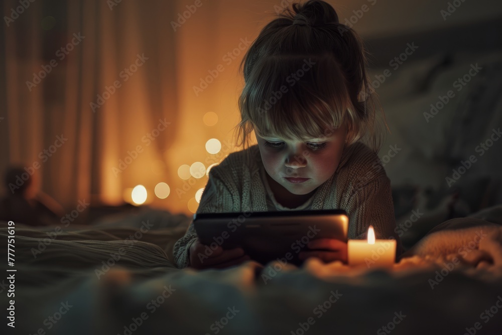 A young girl focuses intently on a tablet screen in a dimly lit room, with the soft glow of candlelight. Little Girl with Tablet by Candlelight A young girl focuses intently on a tablet screen in a dimly lit room, with the soft glow of candlelight. Little Girl with Tablet by Candlelight