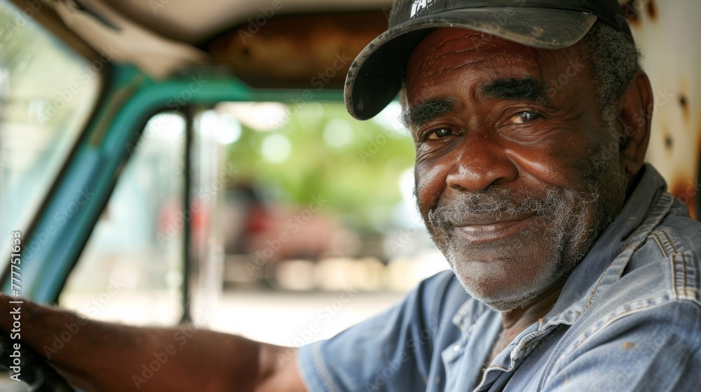 A man in a truck smiling and wearing a hat, AI A man in a truck smiling and wearing a hat, AI