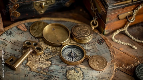 Discover a trove of unique pirate relics, including a compass, bottle opener shaped like a skeleton key, brass compass with lid, and an antique coin set upon an old-world map.