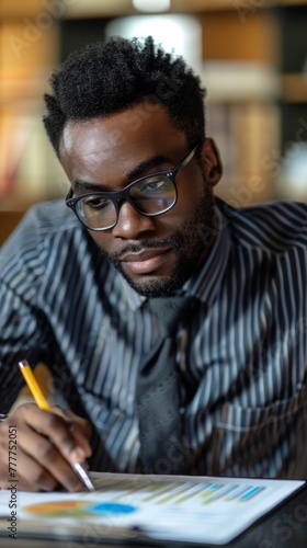 A man in a tie and glasses looking at paperwork, AI