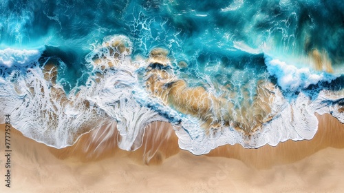 An aerial view of a beach with waves and sand, AI © starush