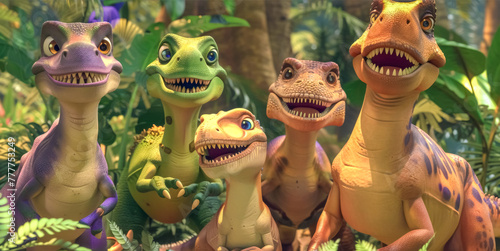 Fototapeta Naklejka Na Ścianę i Meble -  Family of cartoon dinosaurs in a jungle setting