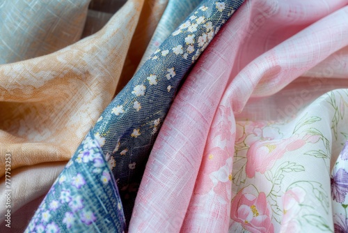 different types of fabric.. background. crumpled fabric with flowers. gentle. airy fabric. silk. tulle.