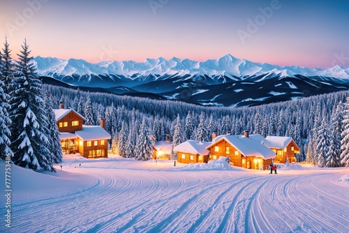 Ski resort at sunset