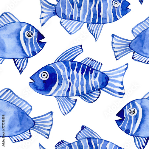 watercolor seamless pattern with fish. children's simple drawing blue fish on a white background. doodle