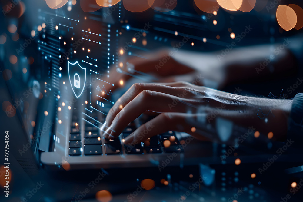 A person's hands are typing on their laptop with an abstract digital shield and keyhole icon hovering above a keyboard. Concepts of network security, private access, and data protection. A person's hands are typing on their laptop with an abstract digital shield and keyhole icon hovering above a keyboard. Concepts of network security, private access, and data protection.