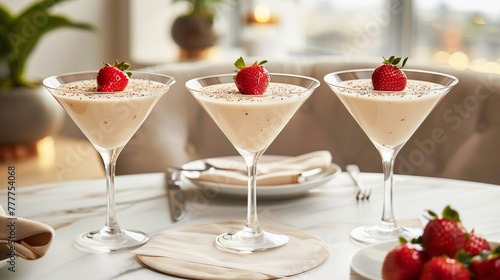 Three martinis with strawberries on top are on a table. The table is set with a white plate and a spoon. Three Elegant Glasses of Yories Garnished with Fresh Strawberries on Table Setting