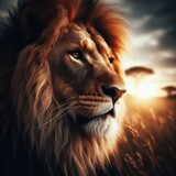 lion, coucher de soleil, floue a l'arrière, vue de coté, dans les haute herbes, qualité HD