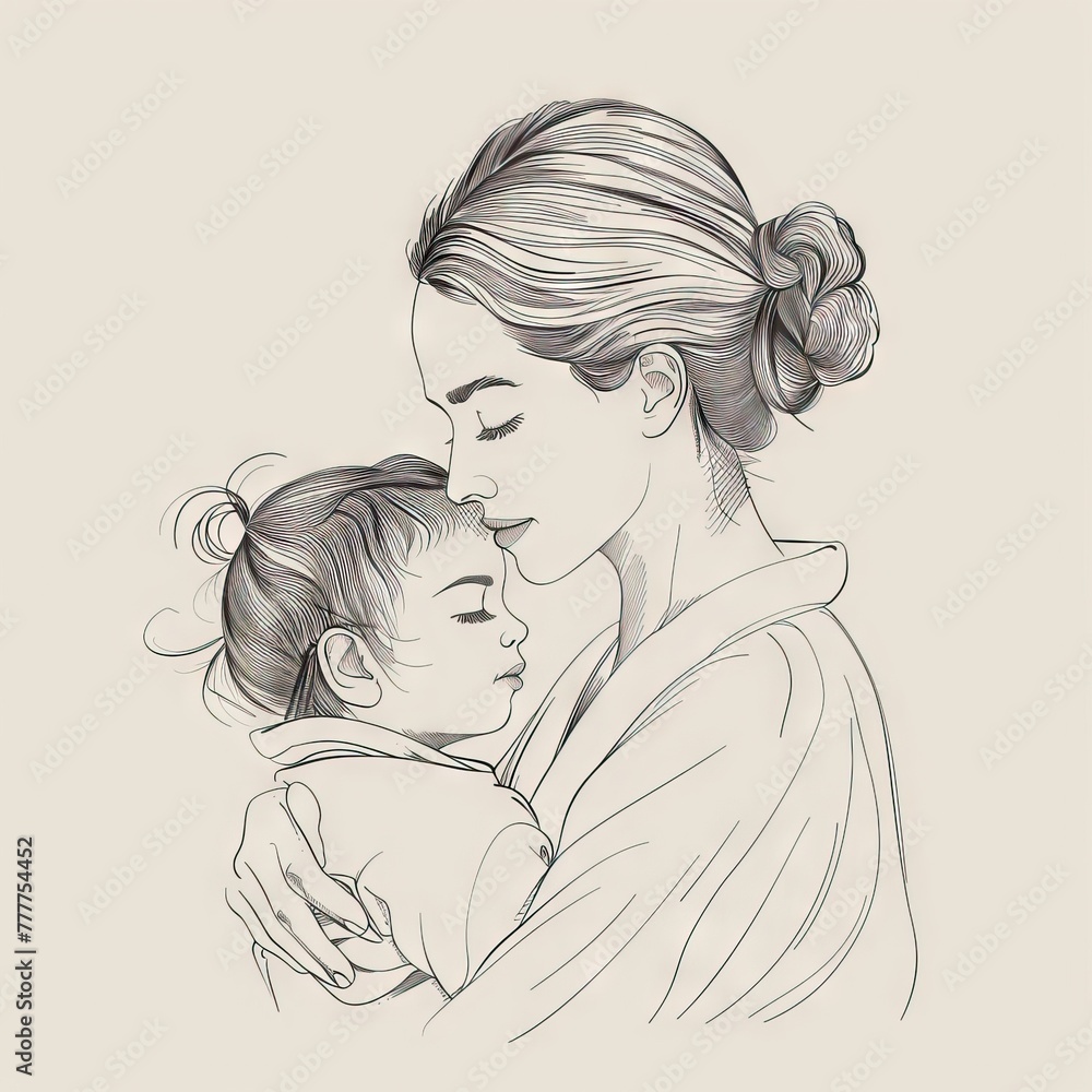 Young mother holding a baby in her arms, nude colors, mother hugging a newborn, warm feelings, love, line, outline drawing in doodle style. AI generated illustration Young mother holding a baby in her arms, nude colors, mother hugging a newborn, warm feelings, love, line, outline drawing in doodle style. AI generated illustration