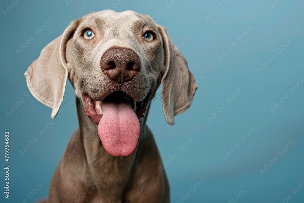 A dog with a tongue sticking out and a blue eye