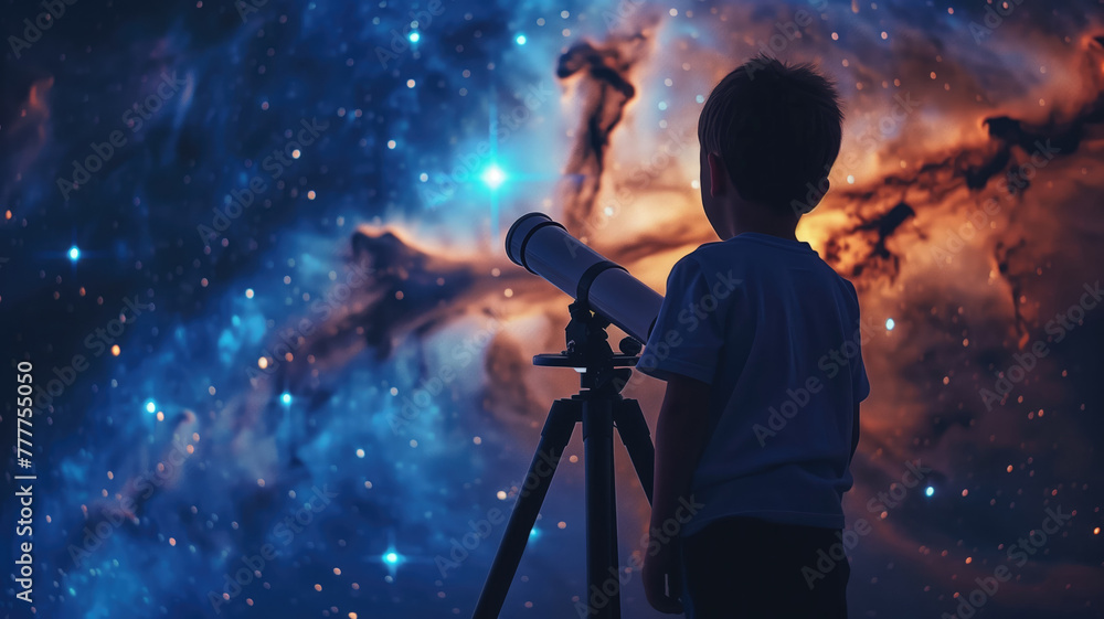 Child gazes at starry sky through telescope, amidst backdrop of vibrant cosmic clouds