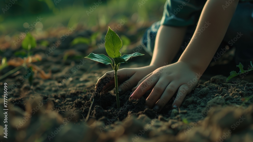 Fototapeta premium Child's hands gently nurture young plant growing in rich soil, with sunlight filtering through