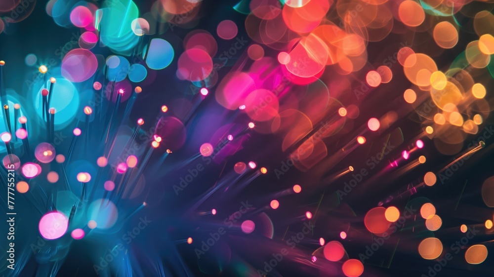 Vibrant abstract background featuring colorful bokeh lights with blurred effect and fiber optic strands