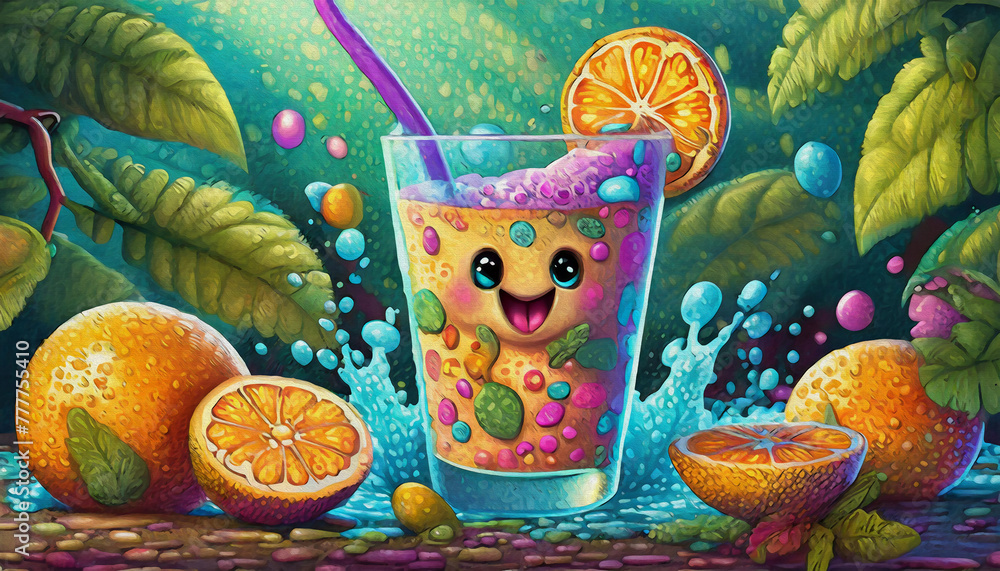 Fototapeta premium OIL PAINTING STYLE Cartoon character Splash- Fresh Orange Juice in a Glass with Sliced Oranges, , party