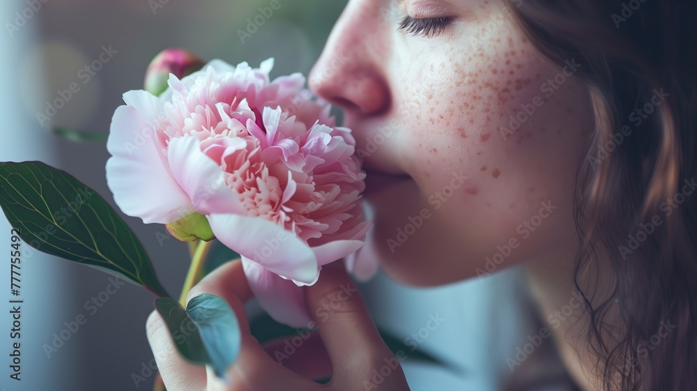 Fototapeta premium Woman with freckles gently smelling pink peony flower, soft-focus background