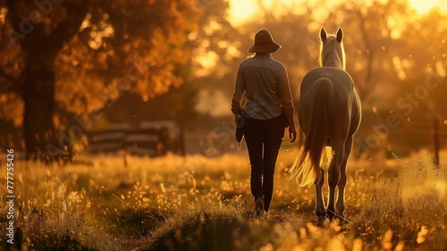 Person in hat walking with horse sunlit  golden field during sunset