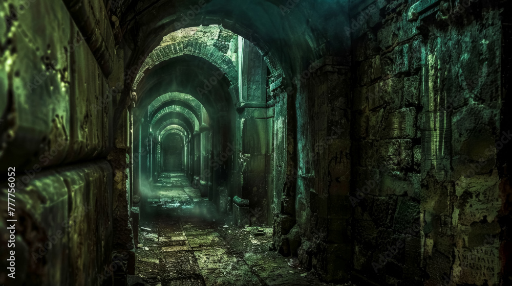 Atmospheric view of an old, arched underground corridor with eerie lighting Atmospheric view of an old, arched underground corridor with eerie lighting