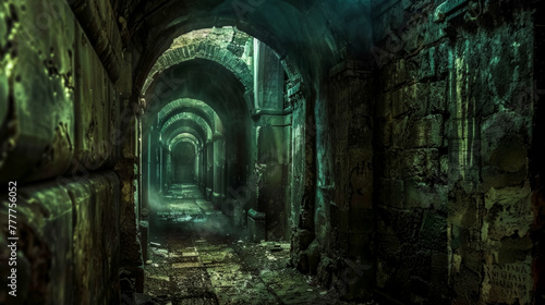 Atmospheric view of an old, arched underground corridor with eerie lighting