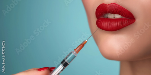 A poised syringe nears the sculpted, crimson lips of a face set against a cool blue backdrop, capturing a moment where cosmetic innovation meets timeless allure.