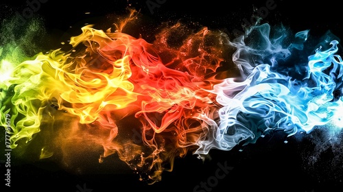 This image captures a vibrant clash of red and blue smoke waves  symbolizing fire  ice in dynamic  abstract dance. Ideal for concepts related to contrast  elements  and abstract art.