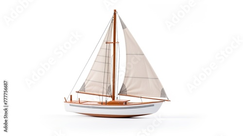 Miniature wooden sailboat isolated on white background.