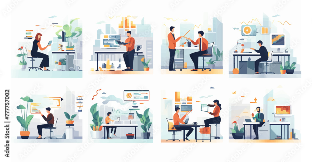 Obraz premium Set people working hard in the office in flat style design.