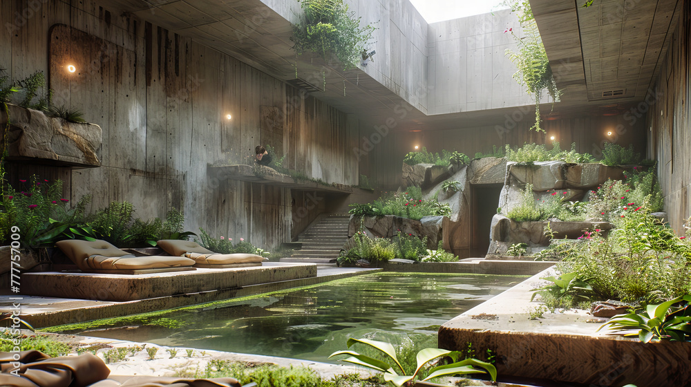 Exotic Backyard Garden with Tropical Pool and Stone Pathway, Summer Vacation and Luxury Home Design Exotic Backyard Garden with Tropical Pool and Stone Pathway, Summer Vacation and Luxury Home Design