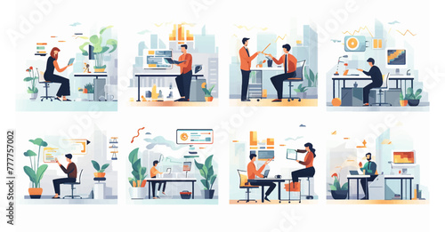 Set people working hard in the office in flat style design. © Pickoloh