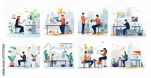 Set people working hard in the office in flat style design.