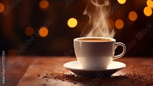 Mug of hot coffee or chocolate on wooden table on blurred city light background. photo