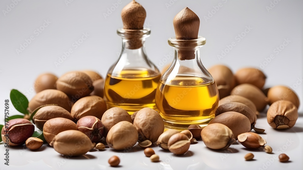 Argan nuts and oil isolated on a white background, International Day of Argania Argan nuts and oil isolated on a white background, International Day of Argania