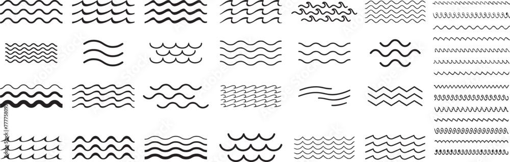Water wave, sea wave set. Zigzag line. Water logo, symbol vector collection.