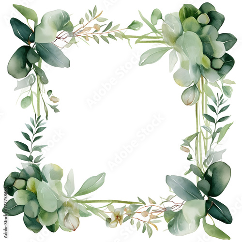 Frame of watercolor Eucalyptus flower. Floristic design elements for floristics. Hand drawn illustration. Greeting card. Floral print. Plant painted background. Watercolour painting. Template.