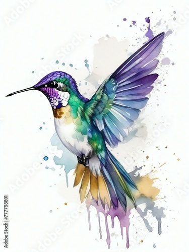realistic hand drawn watercolor splash hummingbird