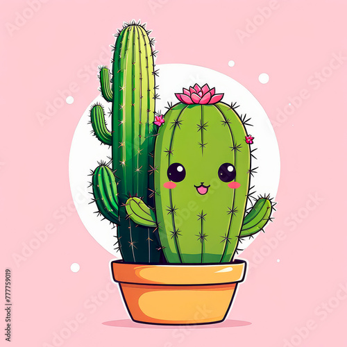 Adorable cute kawaii illustration of a cactus with blooming pink flowers