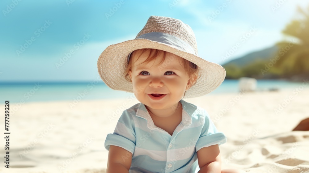 Portrait of a cheerful child in a hat and a light shirt on a sandy beach, against the backdrop of a bay and blue sky