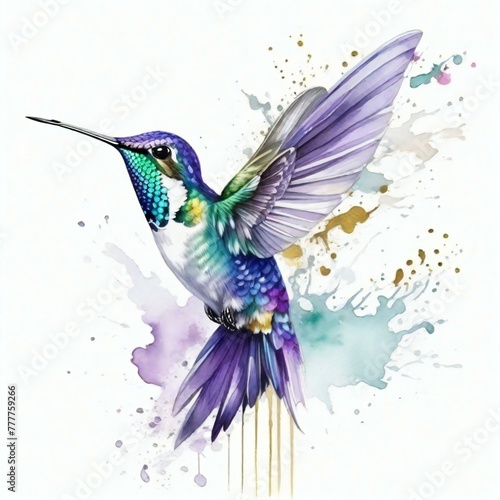 realistic hand drawn watercolor splash hummingbird