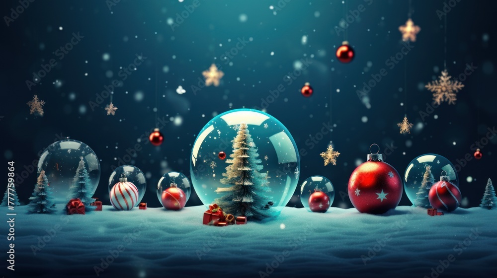 Mystical winter holiday scene with snow globes, festive tree, and golden stars amidst falling snowflakes. Seasonal magic and snowy night decor.