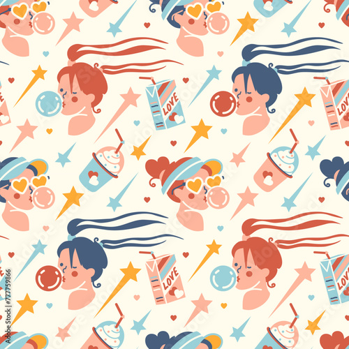 Cool teen seamless pattern with a girl blowing a bubble gum, ice cream and juice. Retro summer party background. Modern flat style graphic. Limited pink and blue palette. Fun teenage backdrop.