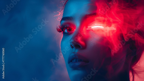 Futuristic surreal photography portrait of beautiful, woman tribe princess red blue color light, Woman in Neon Lighting Close Distance Lips Beauty. Generative Ai, 